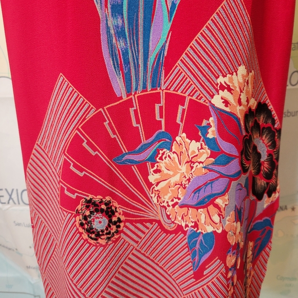 Lizzy & Johnny Silk Dress Red With Floral Asian Print Side Slit Slit Sleeves - Picture 5 of 16